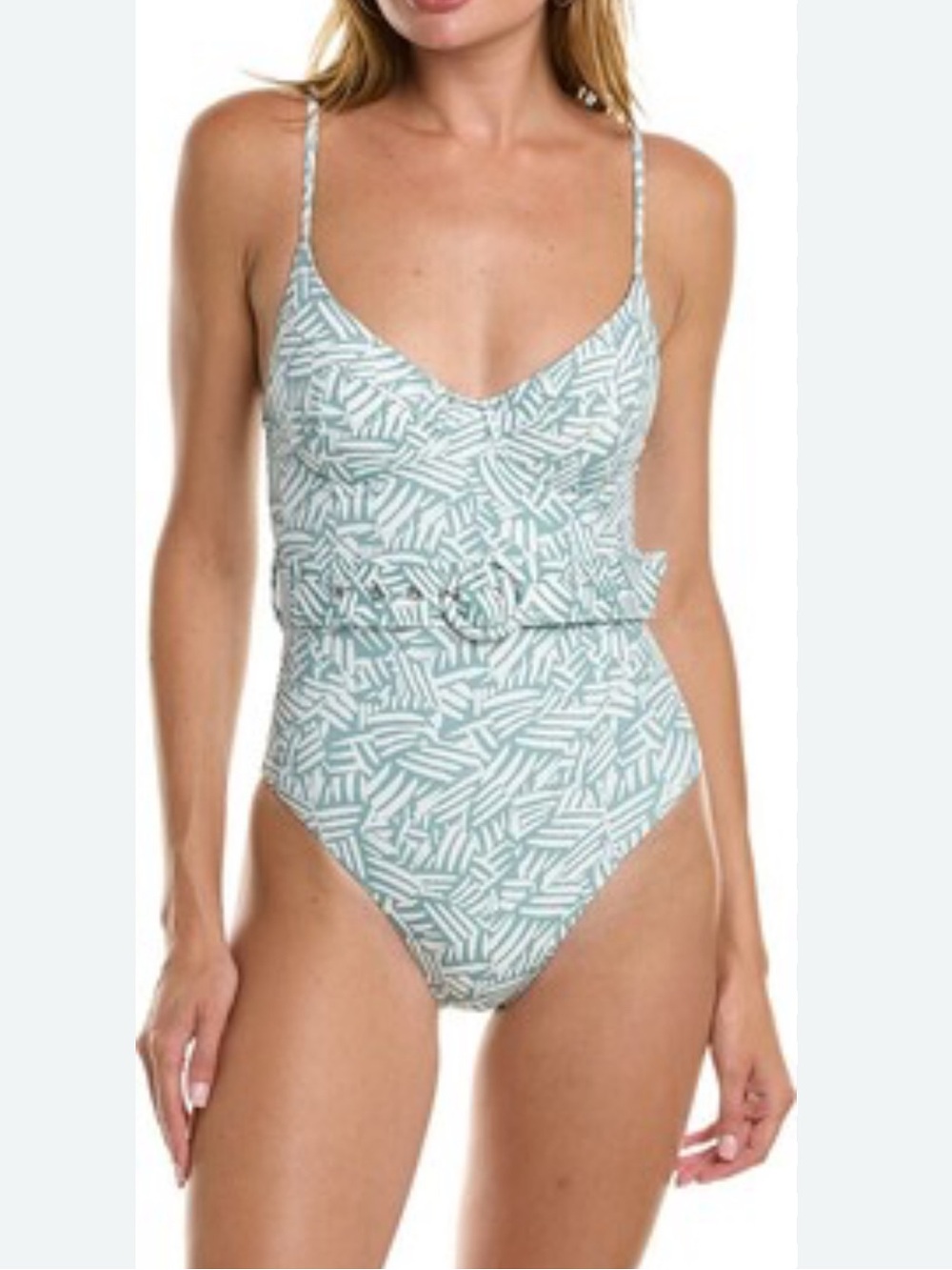 Jonathan Simkhai Noa Belted One-Piece swimsuit sage and white palm leaf print XS